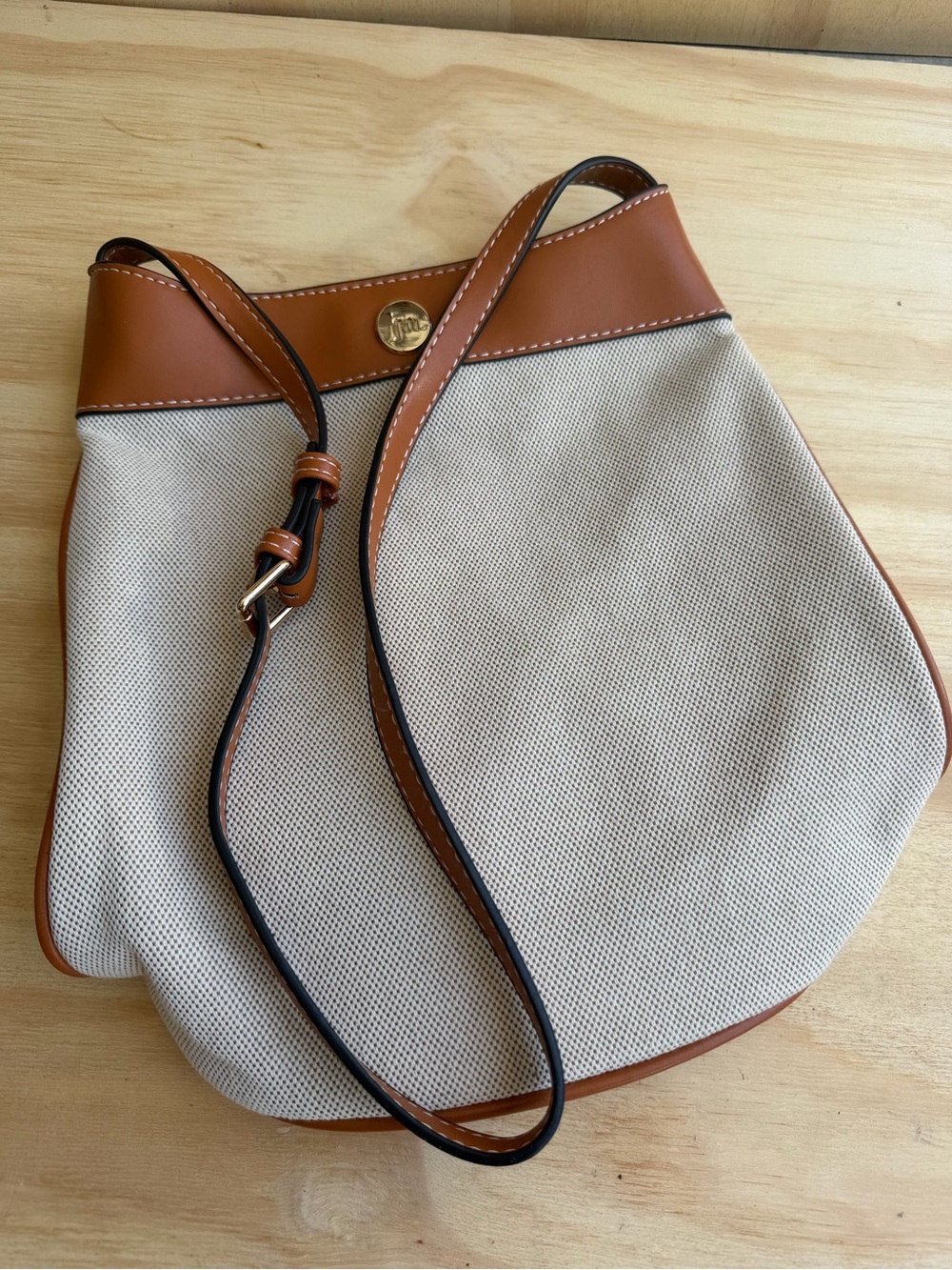 Canvas and Brown Leather Crossbody Bag - Neutral